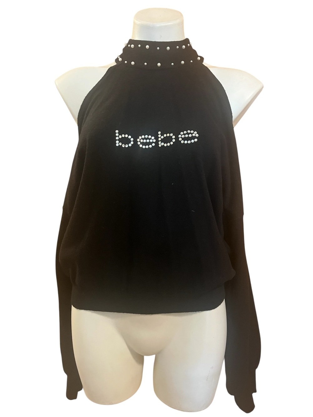 Bebe Black sweater Rhinestone Logo cold shoulder pearl collar L